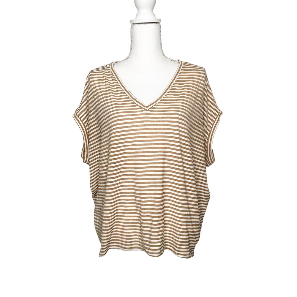 Carly Jean Los Angeles Tan White Striped Oversized T-Shirt Top Womens XS